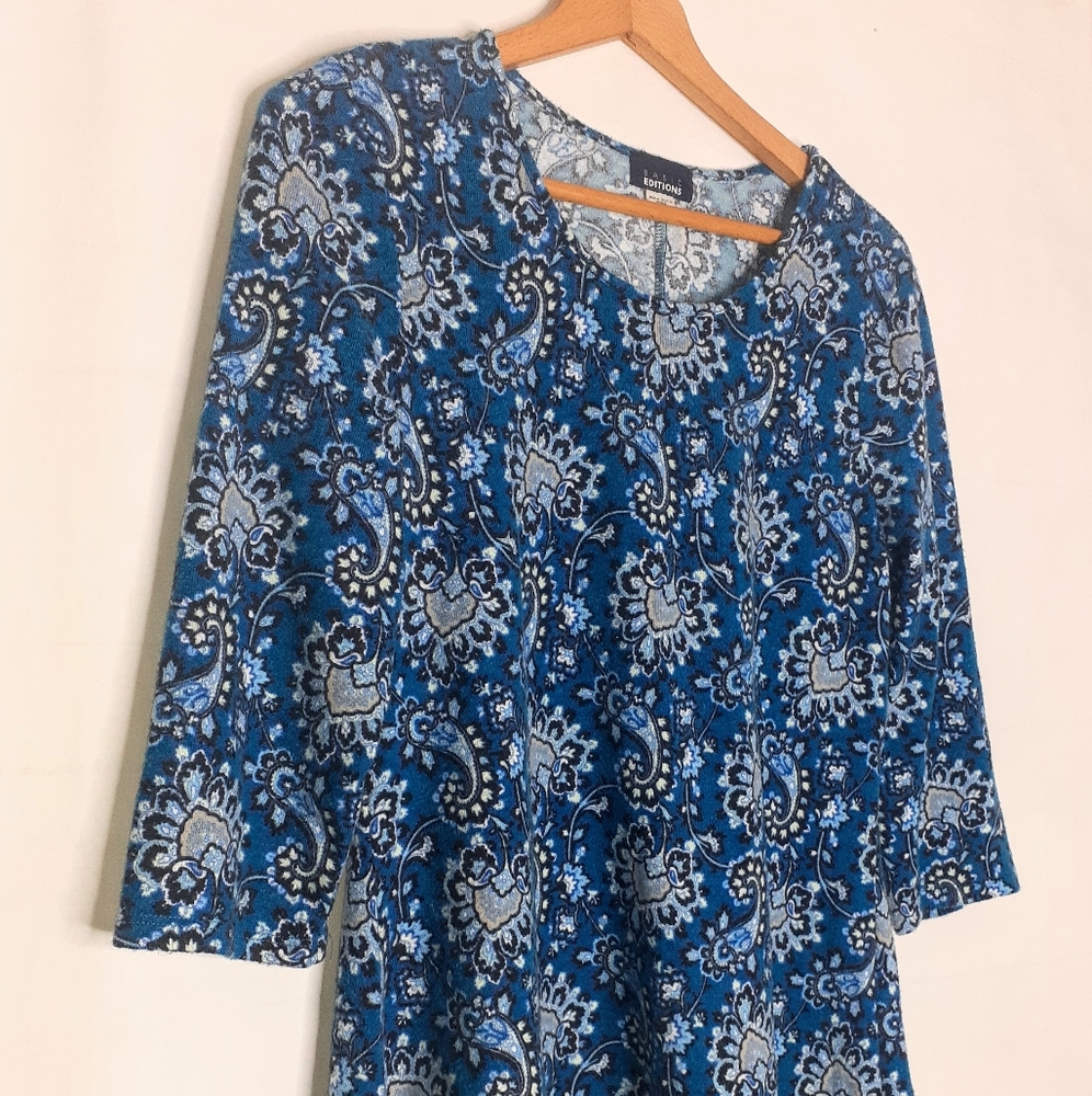 Basic Edition Medium Paisley Blue Handkerchief Hem Soft Stretch Blouse Women's